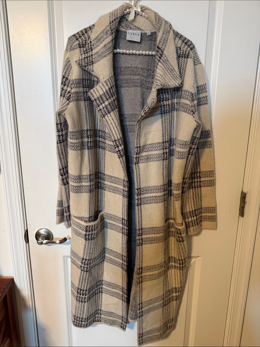 Cyrus Cream & Gray Plaid Open Cardigan Coat